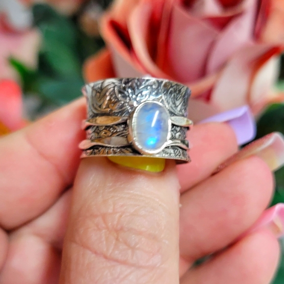Hand Crafted Jewelry - HANDMADE GENUINE MOONSTONE SPINNER RING .925